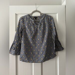 Talbots Navy Gingham 100% Cotton Embroidered Flowers Shirt with Bell Sleeve